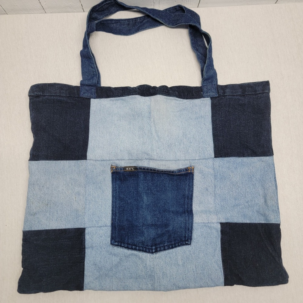 Y2k Upcycled Large Medium Dark Wash Patchwork Denim Tote Bag Lined Key Pocket